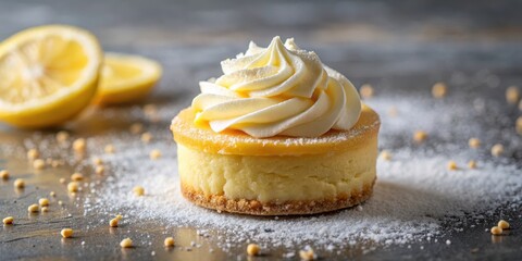 Bite into a mini lemon cheesecake with a dollop of whipped cream and a sprinkle of powdered sugar on top, creating a delightful sweet treat, pastry, mini dessert