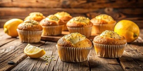 homemade lemon poppy seed muffins on a rustic wooden table with a warm golden light filtering through the window, warm light