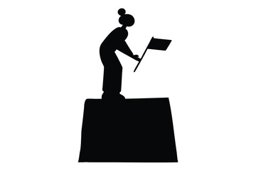 Silhouette of a person standing atop a platform holding a flag high symbolizing achievement success victory and freedom