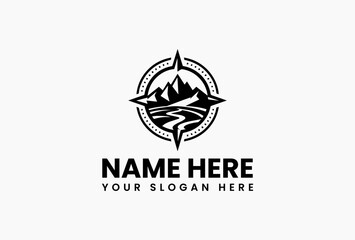 Bold geometric compass vector design enclosing stylized mountain peaks. Exploration and outdoor activity concept  