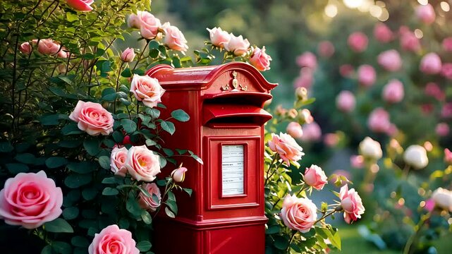 Vintage Red Mailbox Surrounded by Blooming Pink Roses in Lush Summer Garden