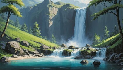 Serene Waterfall Landscape: A Digital Painting of Tranquility