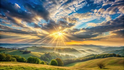 Softly filtered sunlight streams through the gaps in the wispy clouds above, casting an ethereal glow over the rolling hills and vast sky with gentle warmth , ethereal glow, serene atmosphere
