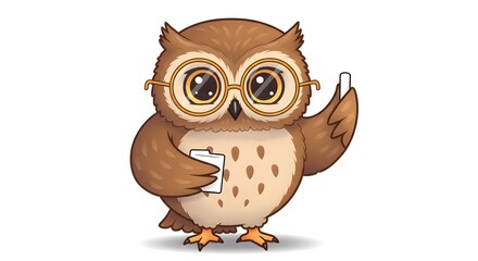 Fototapeta premium Smart Owl Cartoon Character with Glasses and Notepad