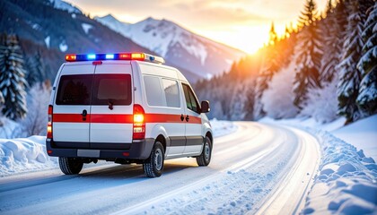Emergency Medical Services Ambulance Driving on Snowy Mountain Road at Sunset