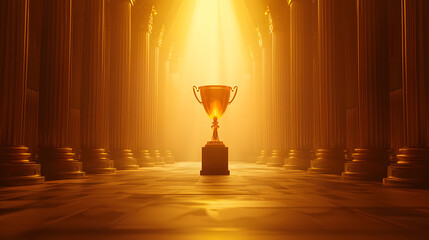 Golden Trophy in Illuminated Hall: A radiant gold trophy stands prominently within a grand hall, illuminated by a heavenly light. Capturing the essence of achievement.
