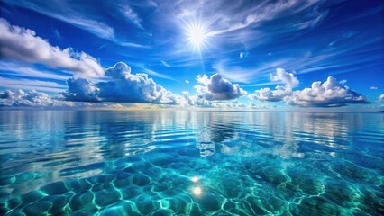 Obraz premium Tranquil waters reflect a brilliant sky, with crystal clear blue hues and ripples on the surface of the ocean, blue ocean, marine life