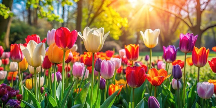 Vibrant mixed colors tulips blooming in a garden with a bright sunny day and lush greenery surrounding them , garden