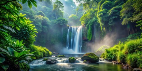 Serene waterfall cascading through dense foliage