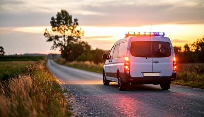 Emergency Response Vehicle Driving on Rural Road at Sunset Lights Flashing