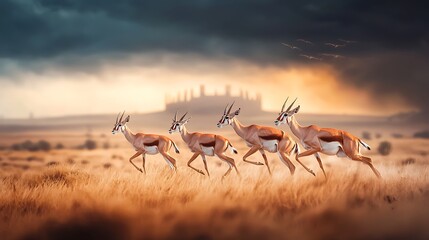 Fototapeta premium Herd of Antelopes Running Across Golden Grassland Under Dramatic Sky with Silhouette of Distant Hills at Sunset
