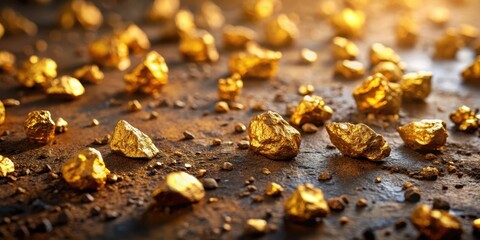 Muddy terrain with gold nuggets scattered on surface