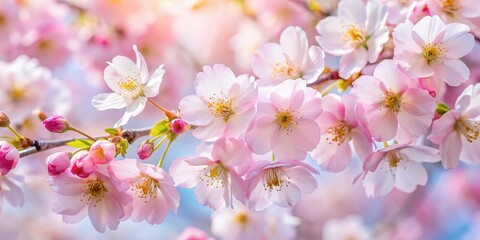 Fototapeta premium Soft pink sakura petals gently sway in the breeze, revealing their vibrant yellow centers as they bloom in late April, creating a serene and peaceful atmosphere , sakura, soft pink