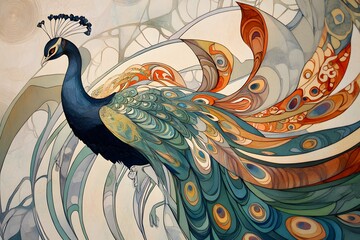 Fototapeta premium Elegant peacock illustration showcasing detailed feathers and intricate artwork in watercolor style