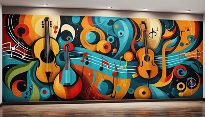 Vibrant Music Wall Mural: Abstract Guitar and Cello Artwork