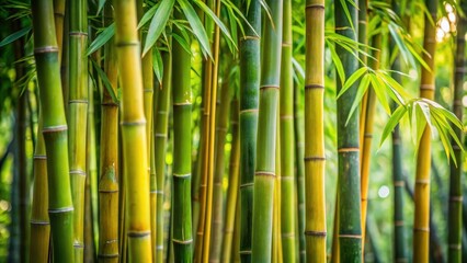 Dense cluster of bamboo stalks swaying gently in the breeze amidst lush green foliage, tropical plants