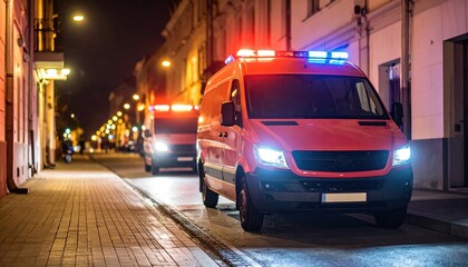 Emergency Red Van at Night City Street Urban Ambulance Service Lights Flashing