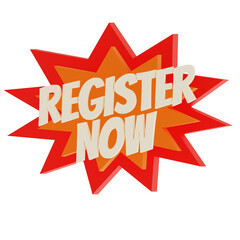 Register Now Explosion Badge, Red and Orange Comic Style Discount Label