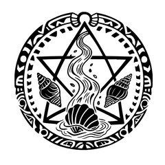 A black and white illustration of seashells and a stream within a circular, tribal-style frame.