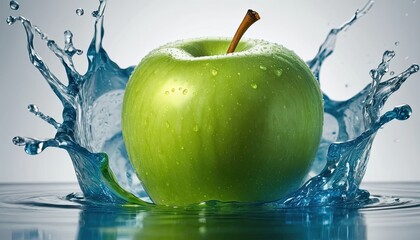 Refreshing Green Apple Splash: A Vibrant Image of a Juicy Apple Dropping into Crystal Clear Water, Creating a Stunning Water Splash.