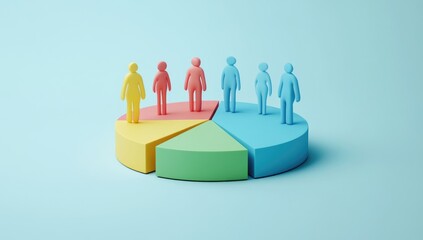 Colorful 3D pie chart with figures representing data segments