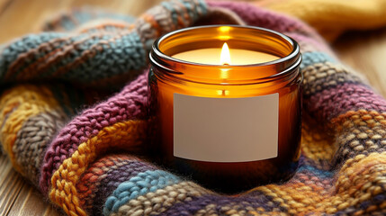 an amber glass candle jar with a blank label on a wooden table, surrounded by a colorful woolen blanket and a knitted scarf