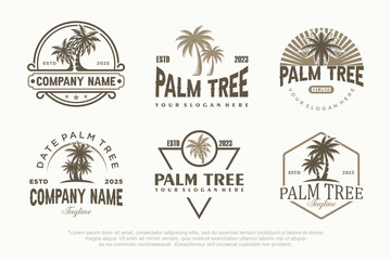 palm tree island vintage icon set logo design , paradise adventure , vector minimalist illustration