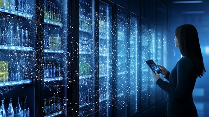 Person using tablet in front of digital drink vending machines with connected data networks representing technology and innovation in retail environments