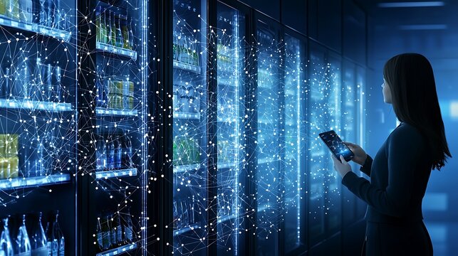 Person using tablet in front of digital drink vending machines with connected data networks representing technology and innovation in retail environments