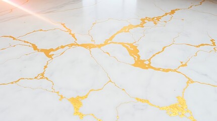 Fototapeta premium A luxurious white marble surface is elegantly fractured by intricate, shimmering gold veins, creating a sophisticated and striking pattern.