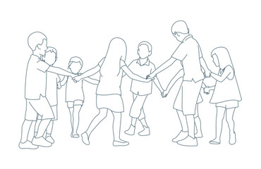  Group of small kids playing ring-around-the-rosy in the park.