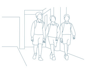 Schoolboys walking together in school corridor.