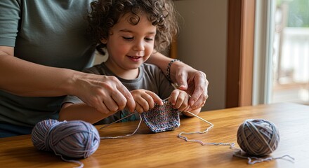 A child learns knitting from a parent