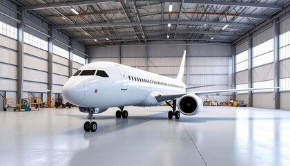 Airplane in hangar with interior, and white modern.