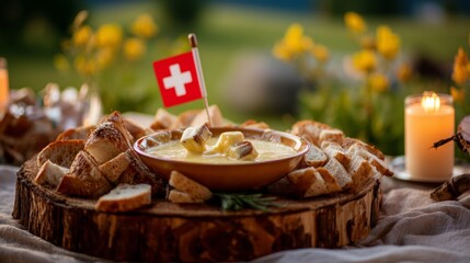 Rustic wooden platter with Swiss cheese fondue and bread, Swiss cross pin; celebrating Swiss National Day with alpine charm.
