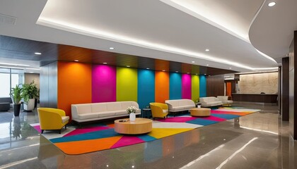 Vibrant Office Lobby: Modern Design and Colorful Decor