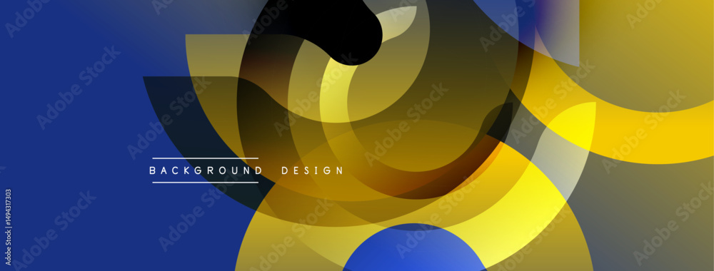 Poster abstract geometric shapes overlap, creating dynamic composition. blue, yellow, black hues dominate d