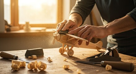 A craftsman meticulously works on a wooden toy airplane in a bright workshop.  Sunlight streams in