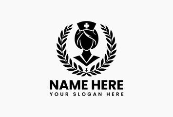 Simple black and white vector icon logo of a nurse wearing a cap with a cross and framed by laurel branches. Medical symbol logo concept