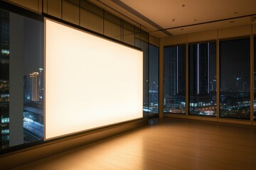 Illuminated blank display in modern room overlooking city night
