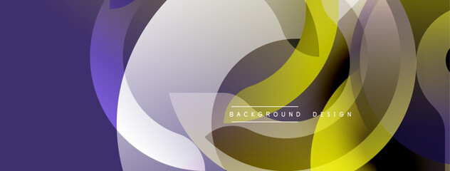 Abstract flowing shapes, purple, gold, gray. Modern design elements create dynamic visual composition. Background texture suggests movement.