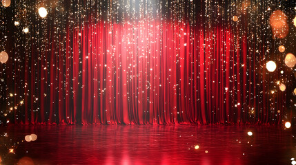 Curtain Call: A captivating theatrical stage featuring a striking red curtain, accentuated by glistening particles and a spotlight. Capturing the anticipation and drama of the performance.