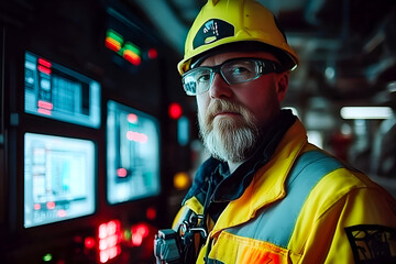 Focused engineer in control room monitoring system panels wearing safety gear with serious expression