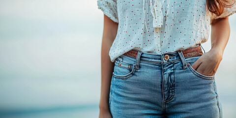 a young woman wearing a blouse and jeans standing on the beach 