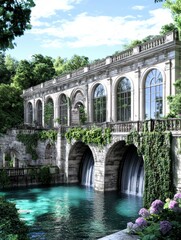 Naklejka premium Enchanted Garden Bridge Serene Waterfall and Architectural Marvel