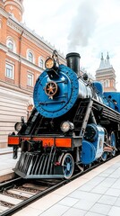 Obraz premium Vintage Steam Locomotive at Train Station A Majestic Blue Engine