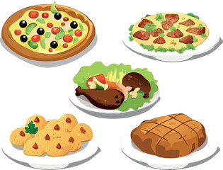 Illustration of a diverse range of dishes you can serve in a restaurant setting.