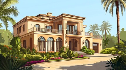 Obraz premium Elegant mediterranean villa with palm trees and garden high resolution picture