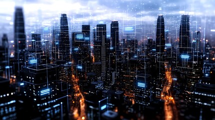 Obraz premium Futuristic Cityscape with Digital Elements and Glowing Lights at Dusk in a Modern Urban Setting