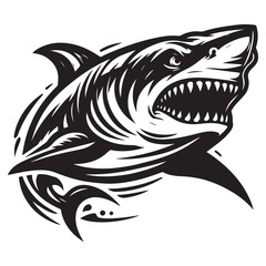 Modern Tribal Shark Vector Design – Fierce Black and White Illustration of an Aggressive Ocean Predator with Sharp Lines and Dynamic Motion – Ideal for Tattoo Art, Sports Team Branding, Streetwear Gra